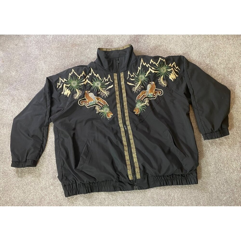 Vintage Adolfo Sport Jacket Black Mountain & Eagle Embroidered Large